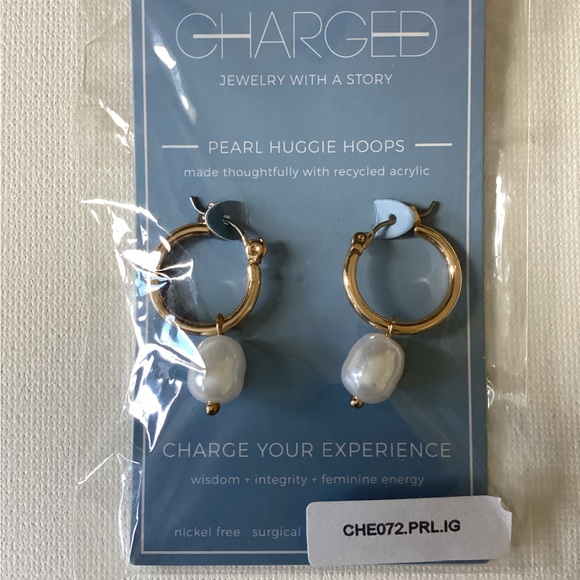Charged Jewelry With A Story- Pearl Huggie Hoops - Picture 2 of 4